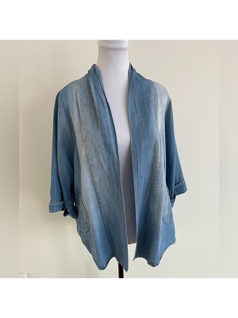 M MADE IN ITALY Kimono Sleeve Open Front Jacket Lightweight Faded Denim Artsy